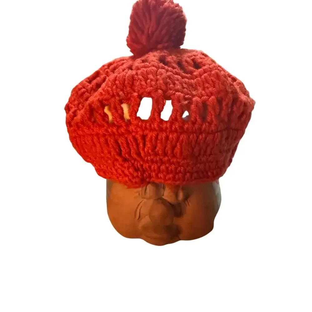 Vintage Deep Orange 100% Acrylic Made in Japan Knit Beanie Puff Top One Size - Picture 1 of 5